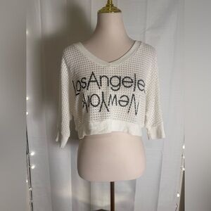 Wet Seal Los Angeles New York Cropped Waffle Knit Sweater White Boxy (L/XL)
